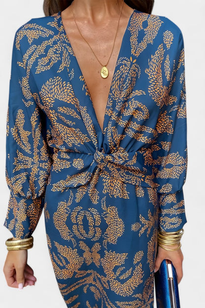 Elara V-Neck Knot Dress | Sculpted Waist, Fluid Drape