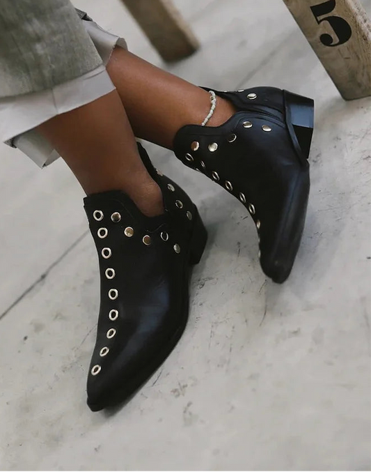 Women's Studded Ankle Boots – Pointed Toe Block Heel All-Over