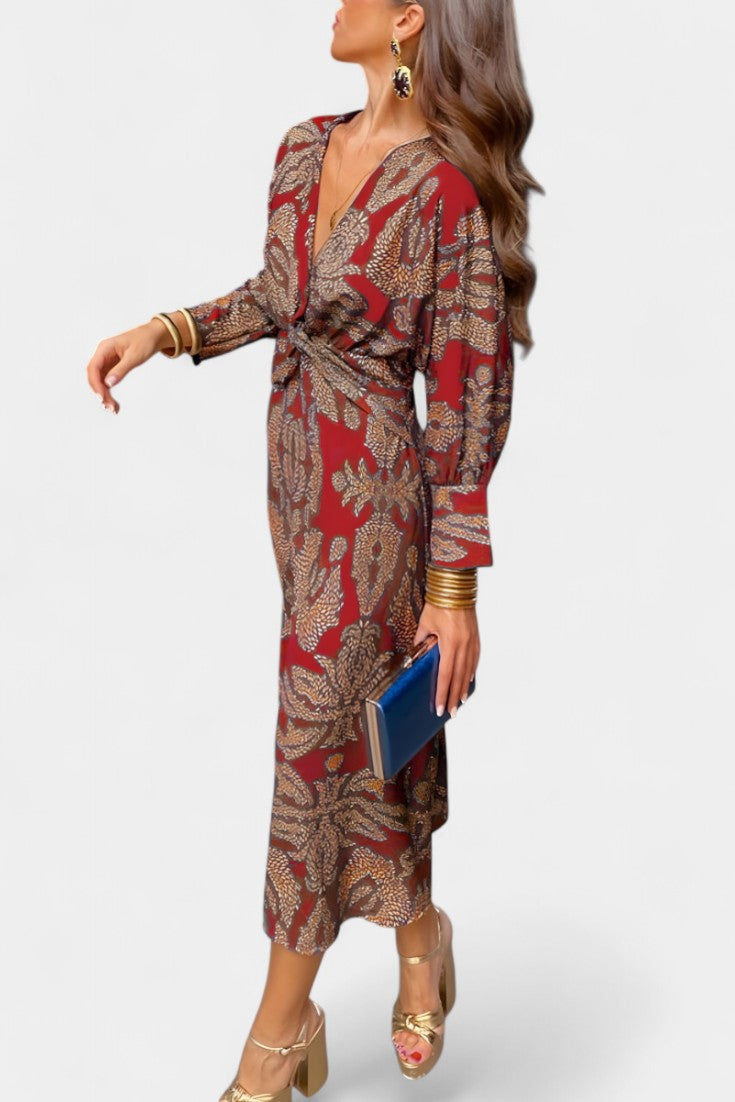 Elara V-Neck Knot Dress | Sculpted Waist, Fluid Drape