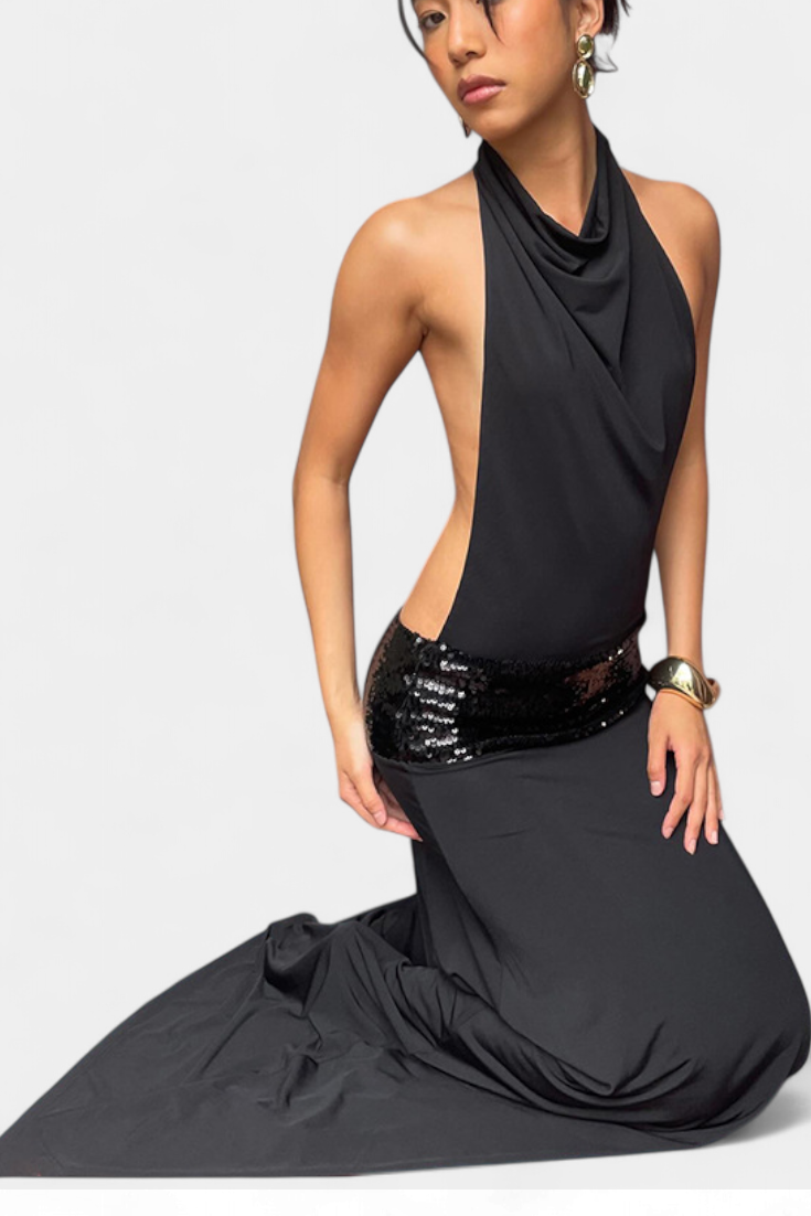 Georgia Halter Dress | Draped Metallic, Open Back Glamour