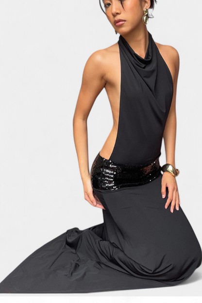 Georgia Halter Dress | Draped Metallic, Open Back Glamour