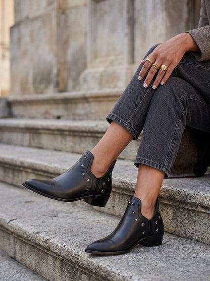 Women's Studded Ankle Boots – Slip-On Block Heel Side Studs