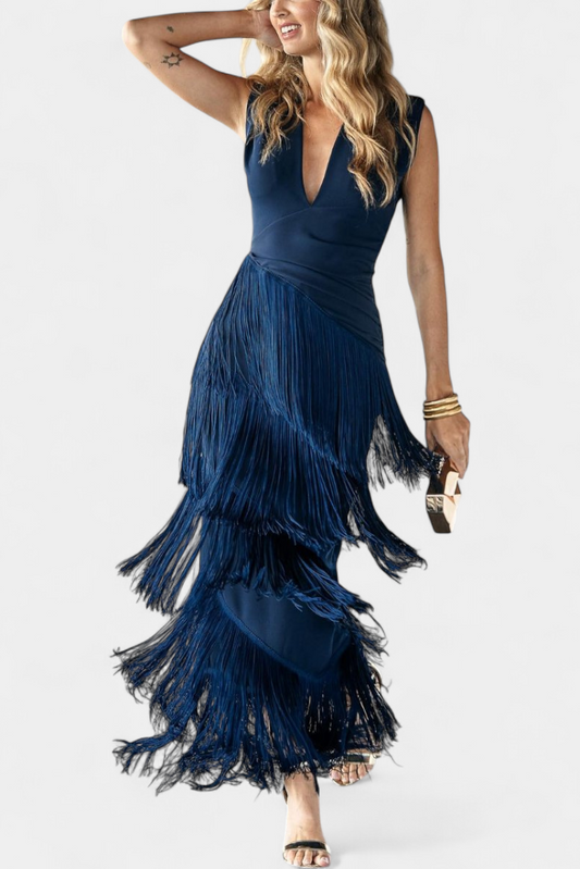 Dolce V-Neck Maxi Dress | Pleated, Fringe Detail, Festive