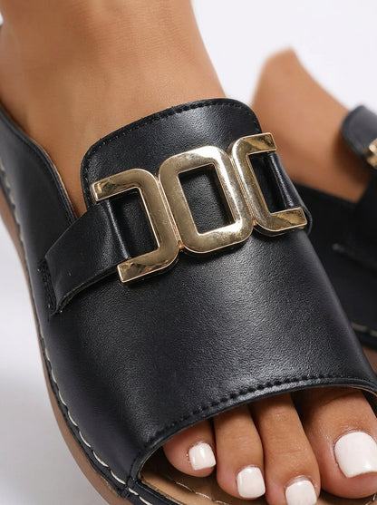 Women's Slide Sandals Black - buckle detail